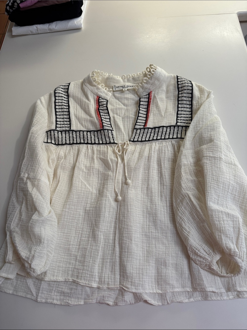 Apiece Apart White Gauze Peasant Blouse with Black & Red Embroidery - Picture 2 of 5